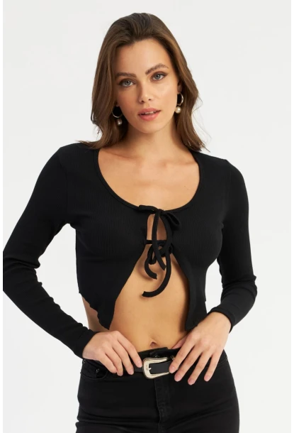 Kadın Siyah Önü Bağlamalı Kaşkorse Crop Bluz AYD381