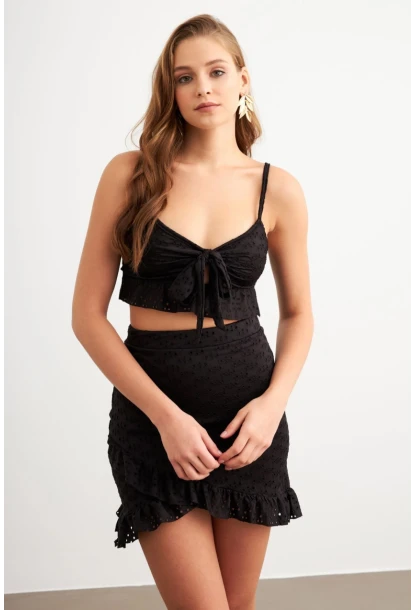 Kadın Siyah Önü Bağlamalı Mini Etekli Takım LİT1088