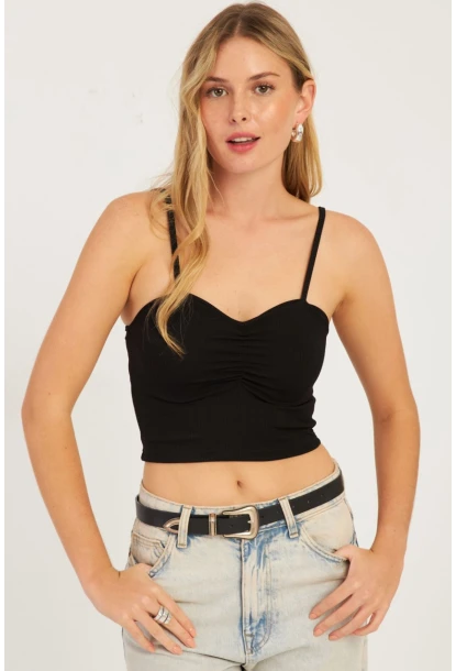 Kadın Siyah Önü Büzgülü Crop Bluz CG339