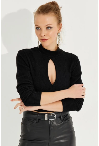 Kadın Siyah Önü Damla Crop Bluz LPP1243