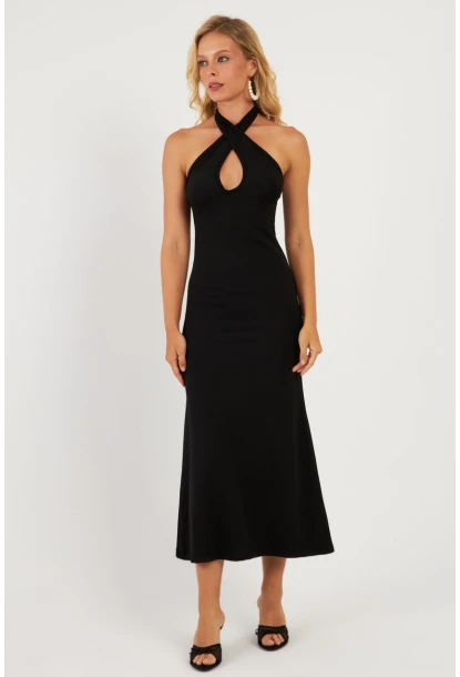 Kadın Siyah Önü Damla Midi Elbise EY2847