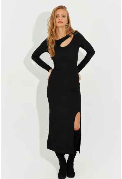 Kadın Siyah Önü Damla Yırtmaçlı Midi Elbise RMZ1002