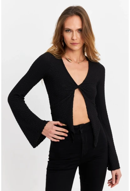 Kadın Siyah Önü Düğümlü İspanyol Kol Bluz SB353