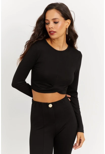 Kadın Siyah Önü Düğümlü Kısa Bluz B1877