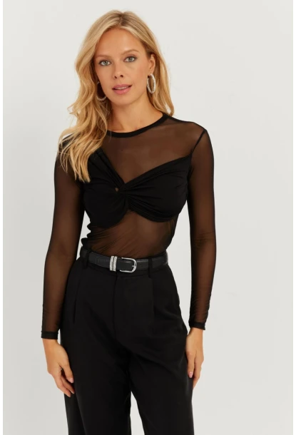 Kadın Siyah Önü Düğümlü Tül Bluz KS118