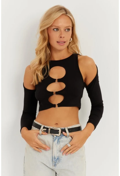 Kadın Siyah Önü Halkalı Crop Bluz MEN2038