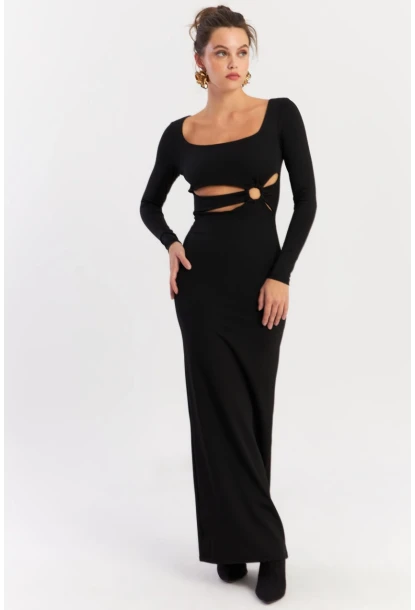 Kadın Siyah Önü Halkalı Maxi Yılbaşı Elbise DCF089