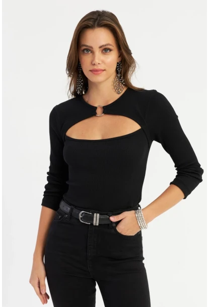 Kadın Siyah Önü Halkalı Pencereli Kaşkorse Bluz AYD382