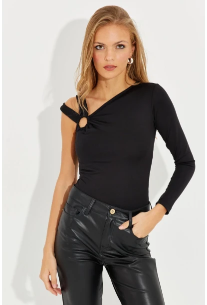 Kadın Siyah Önü Halkalı Tek Omuz Bluz EY2580