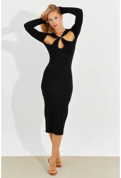 Kadın Siyah Önü Pencereli Midi Elbise B226