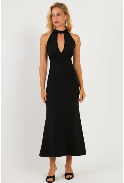 Kadın Siyah Önü Pencereli Midi Elbise EY2849