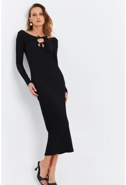 Kadın Siyah Önü Pencereli Midi  Elbise ZH09