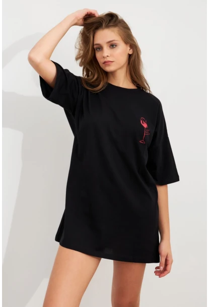 Kadın Siyah Oversize Pijama T-Shirt TPG14