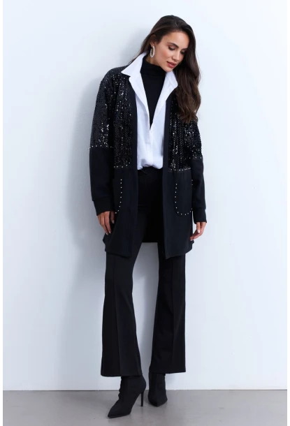 Kadın Siyah Payetli Cepli Zımbalı Hırka MPK810