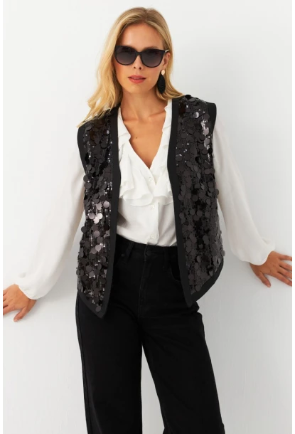 Kadın Siyah Payetli Yelek QS5938