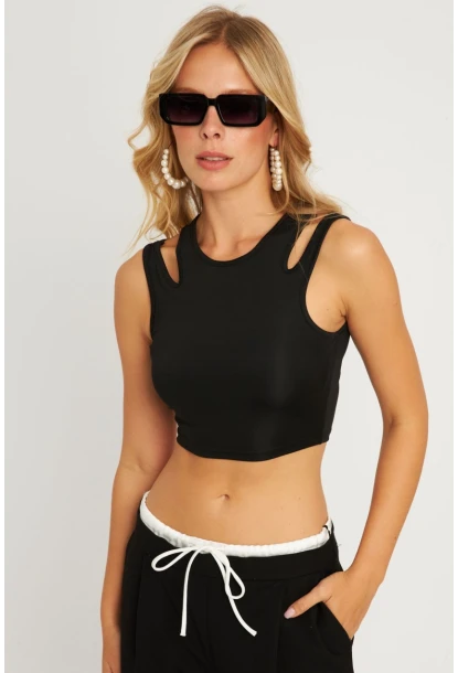 Kadın Siyah Pencereli Crop Bluz CG356