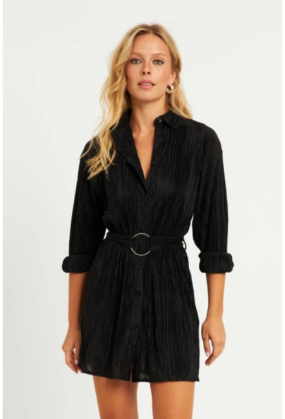 Kadın Siyah Piliseli Kemerli Mini Elbise TW70124-90