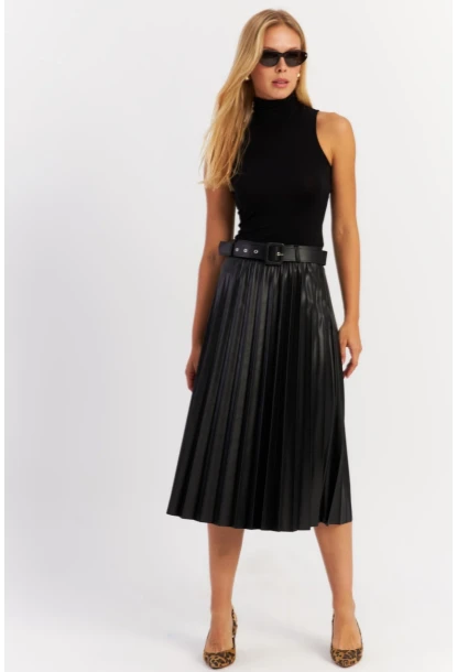 Kadın Siyah Plili Suni Deri Kemerli Mini Etek ELA200066