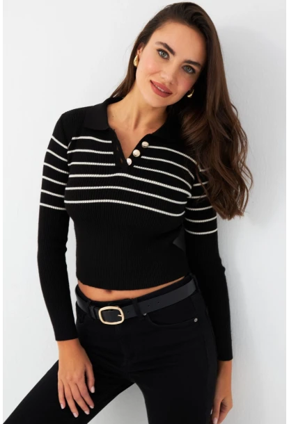 Kadın Siyah Polo Yaka Çizgili Triko Bluz MK65