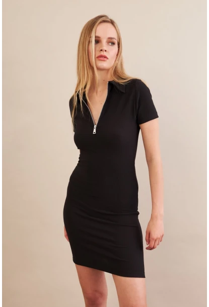 Kadın Siyah Polo Yaka Fermuarlı Mini Elbise MOD1994