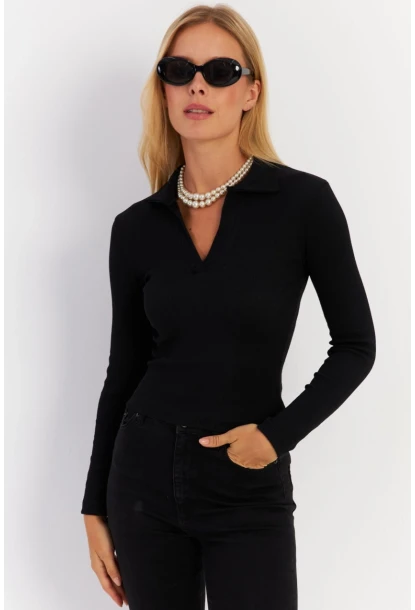 Kadın Siyah Polo Yaka Kaşkorse Bluz LON3006