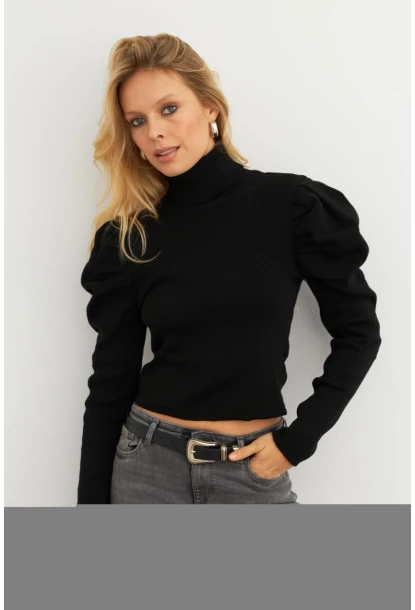 Kadın Siyah Prenses Kol Balıkçı Yaka Triko Bluz MSF2555
