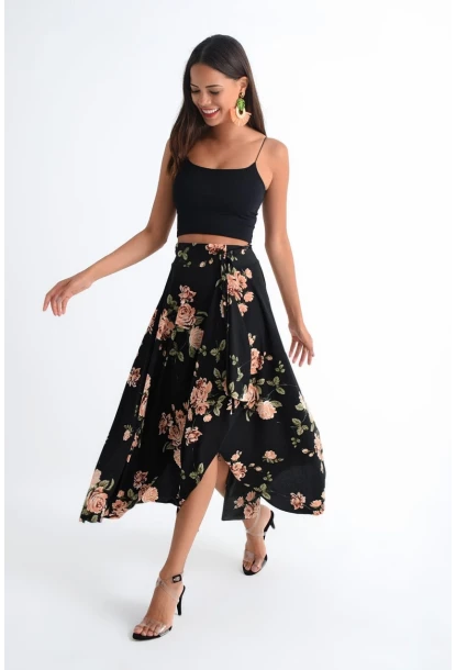 Kadın Siyah-Pudra Asimetrik Etek LV81