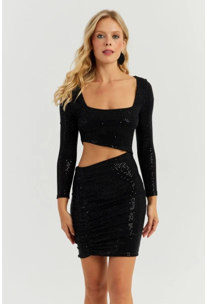 Kadın Siyah Pullu Mini Elbise KED146