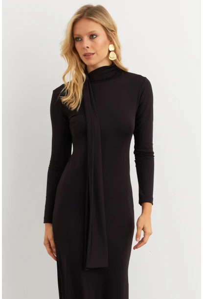 Kadın Siyah Şal Detaylı Midi Elbise EY3010