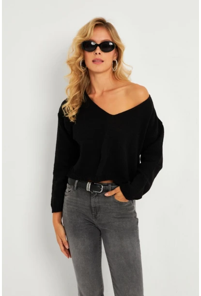 Kadın Siyah Salaş Kısa Triko Bluz YV281