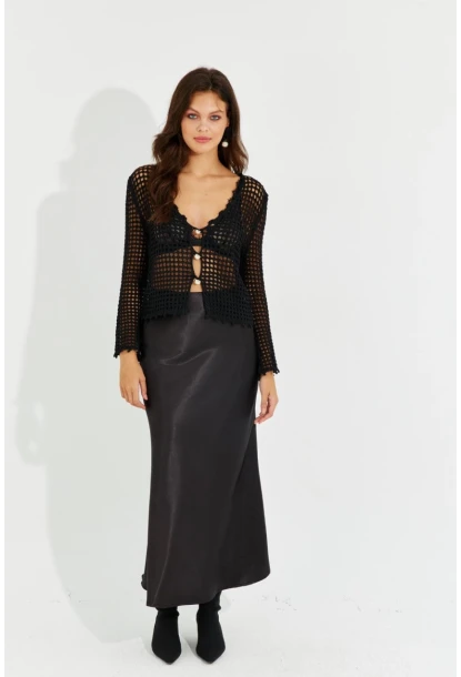 Kadın Siyah Saten Maxi Etek RMZ21077