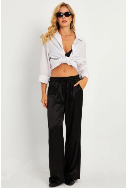 Kadın Siyah Saten Palazzo Pantolon DMR356