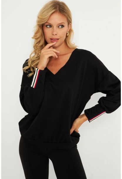 Kadın Siyah Şerit Detaylı V Yaka Sweatshirt  EY2905