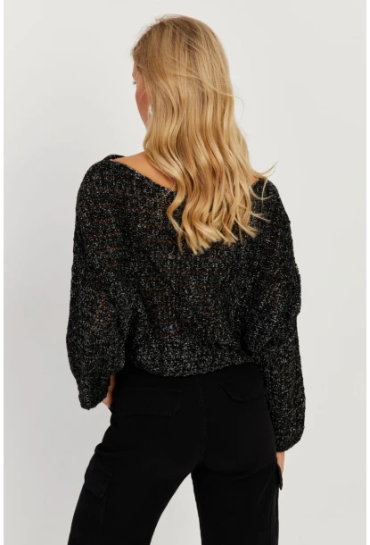 Kadın Siyah Simli Ajurlu Triko Bluz YZ403