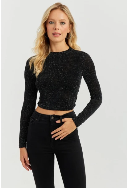 Kadın Siyah Simli Crop Bluz GÇ149