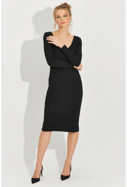 Kadın Siyah Sırt Bağlamalı Kaşkorse Midi Elbise EY2592