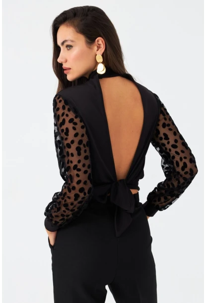 Kadın Siyah Sırt Bağlamalı Kolları Tül Bluz TF41