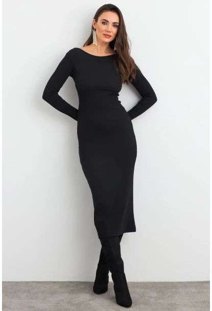 Kadın Siyah Sırt Dekolteli Kaşkorse Midi Elbise EY3029