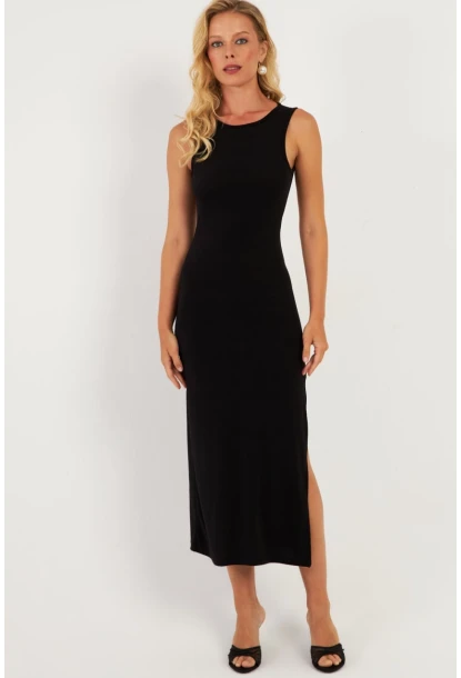 Kadın Siyah Sırt Dekolteli Midi Elbise DMR692