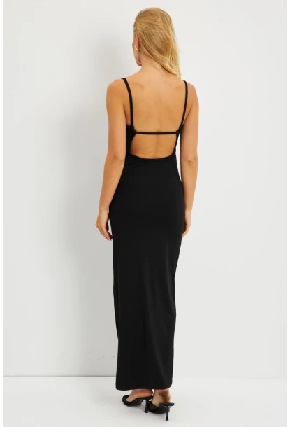 Kadın Siyah Sırt Dekolteli Midi Elbise EY2798