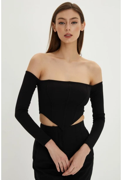 Kadın Siyah Sırt Fermuarlı Crop Bluz B518