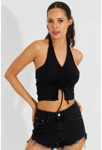 Kadın Siyah Sırtı Açık Crop Bluz B2697