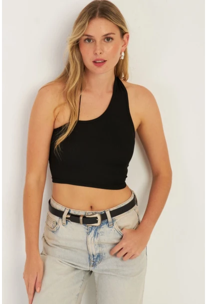 Kadın Siyah Sırtı Açık Crop Bluz CG345