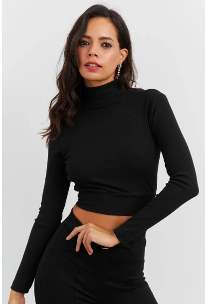 Kadın Siyah Sırtı Açık Crop Bluz EY1512