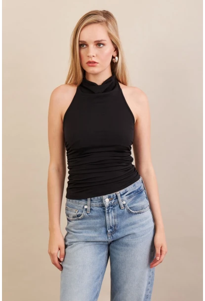 Kadın Siyah Sırtı Açık Drapeli Bluz FRY2314