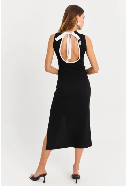 Kadın Siyah Sırtı Açık Fiyonklu Kaşkorse Midi Elbise EY3055