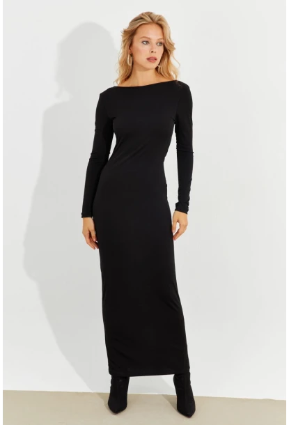 Kadın Siyah Sırtı Açık Maxi Elbise MEN2013