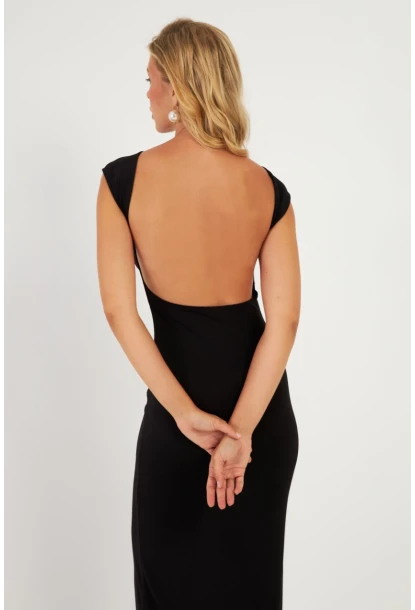 Kadın Siyah Sırtı Açık Midi Elbise DMR345