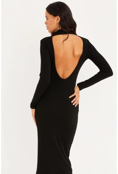 Kadın Siyah Sırtı Açık Midi Elbise EY1367