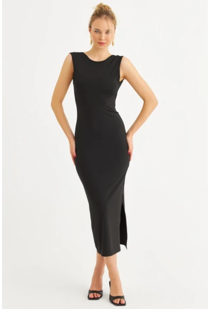 Kadın Siyah Sırtı Açık Midi Elbise YEL221672